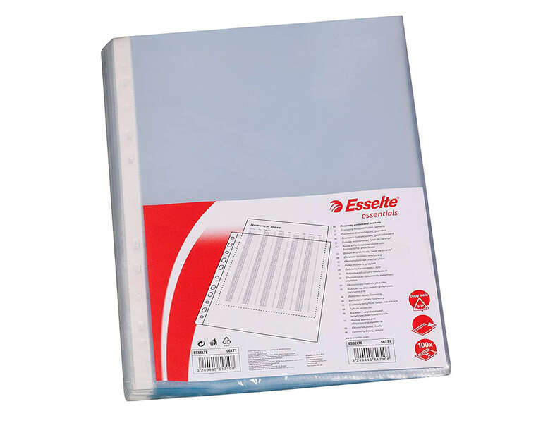 Esselte Pack de 100 Fundas Multitaladro Portadocumentos - Formato Folio - 16 Taladros - 80 Micras - Piel de Naranja - Color Tran