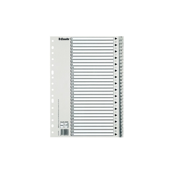 Esselte Indice Numerico de Plastico - Pestañas 1 al 31 - Multitaladro - Formato A4 - Color Gris