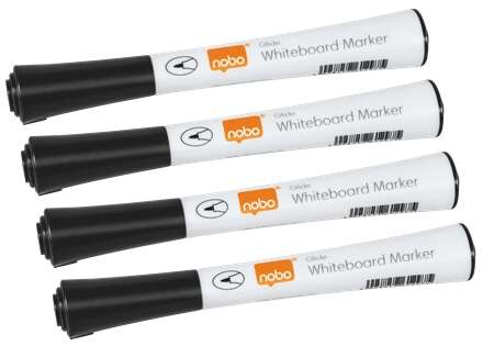 Nobo Gilde Pack de 4 Rotuladores para Pizarra Blanca - Punta Fina 1mm - Tinta con Poco Olor - Color Negro