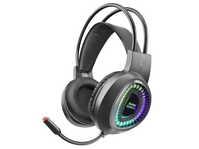 Mars Gaming MH220 Auriculares Gaming con Microfono Flexible - Iluminacion RGB - Diadema Ajustable - Almohadillas Acolchadas - Control en Auricular - Cable Trenzado de 1.80m