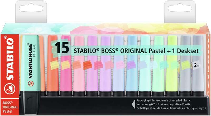 Stabilo Boss 70 Pack de Escritorio de 15 Marcadores Fluorescente - Practica Base para Escritorio - Trazo entre 2 y 5mm - Recargable - Tinta con Base de Agua - Colores Pastel Surtidos