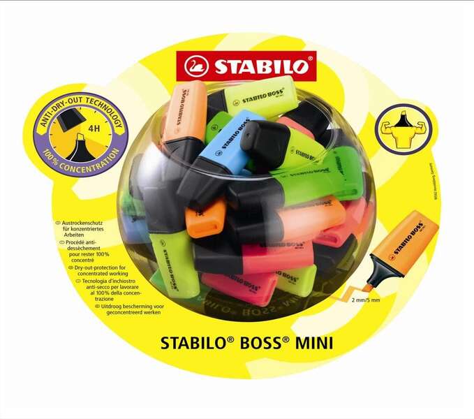 Stabilo Boss Mini Expositor con 50 Marcadores Fluorescentes - Trazo entre 2 y 5mm - Tinta con Base de Agua - Antisecado - Colores Surtidos
