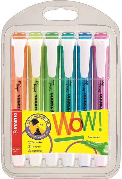 Stabilo Swing Cool Pack de 6 Marcadores Fluorescentes - Cuerpo Plano - Punta Biselada - Trazo entre 1 y 4mm - Tinta con Base de Agua - Antisecado - Colores Surtidos