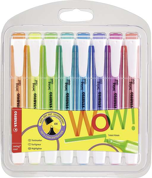 Stabilo Swing Cool Pack de 8 Marcadores Fluorescentes - Cuerpo Plano - Punta Biselada - Trazo entre 1 y 4mm - Tinta con Base de Agua - Antisecado - Colores Surtidos