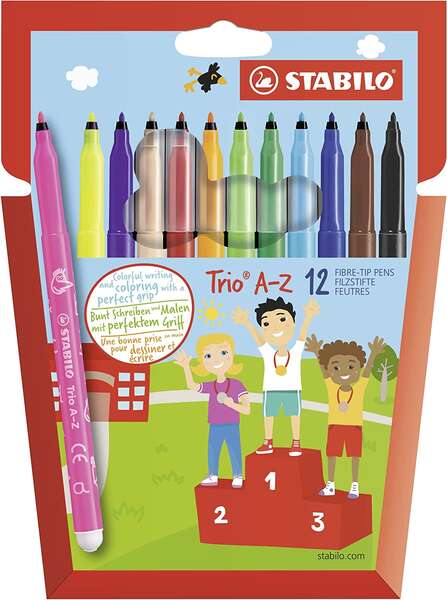 Stabilo Trio A-Z Pack con 12 Rotuladores de Punta Fina de Fibra - Trazo 0.7mm - Tinta Super Lavable - Forma Triangular - Colores Surtidos