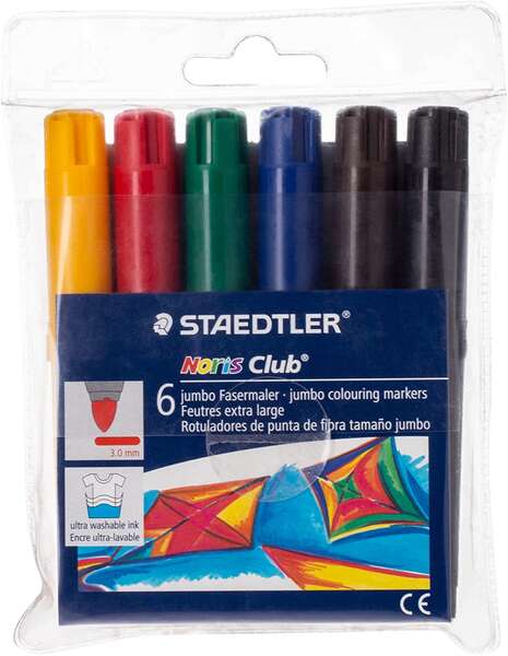 Staedtler Noris Watercolour 341 Pack de 6 Rotuladores de Gran Tamaño - Trazo 3mm Aprox - Lavable Facilmente - Tinta Base de Agua - Colores Surtidos