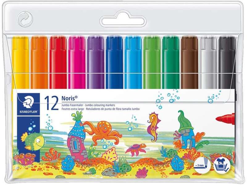 Staedtler Noris 340 Pack de 12 Rotuladores de Gran Tamaño - Trazo 3mm Aprox - Lavable Facilmente - Tinta Base de Agua - Colores Surtidos