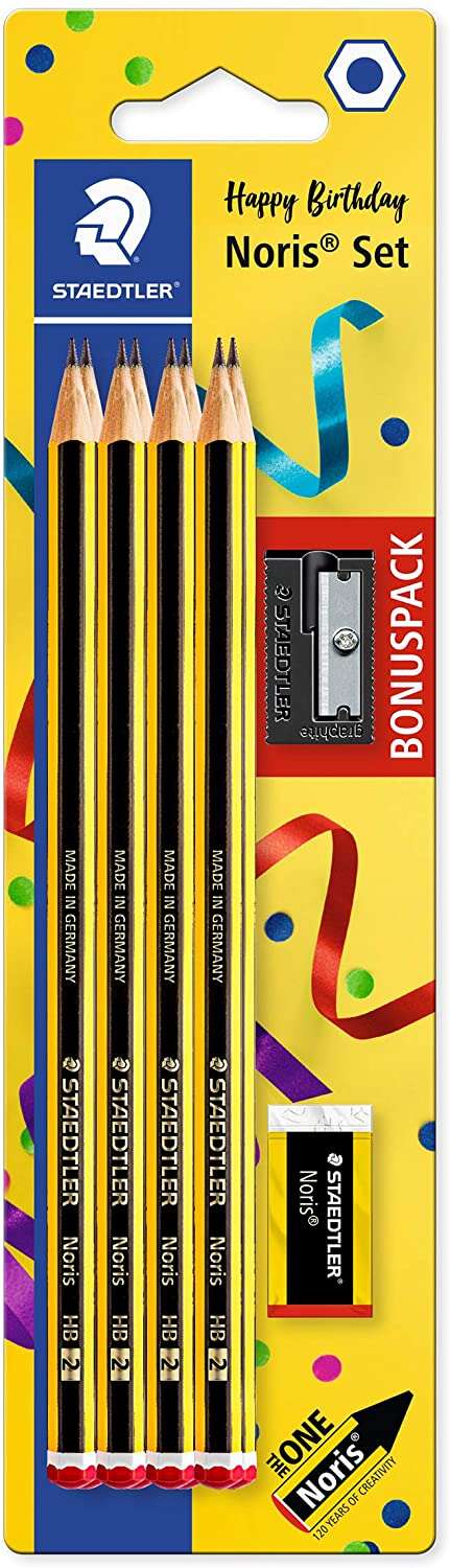 Staedtler Noris 120 Pack de 8 Lapices de Grafito Hexagonales + Goma de Borrar + Sacapuntas - Mina HB Ultrarresistente de 2mm - M