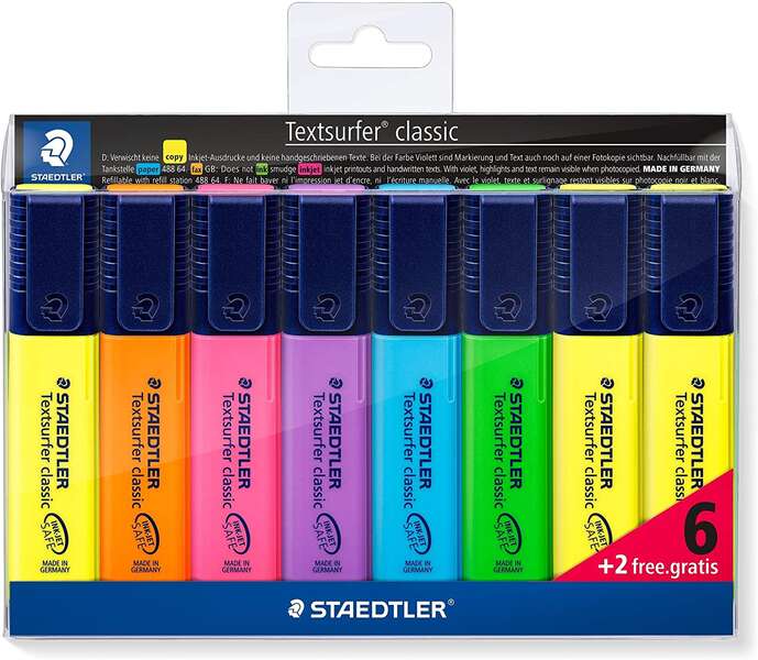 Staedtler Textsurfer Classic 364 Pack de 8 Marcadores Fluorescentes - Punta Biselada 1 - 5mm Aprox - Secado Rapido - Colores Surtidos