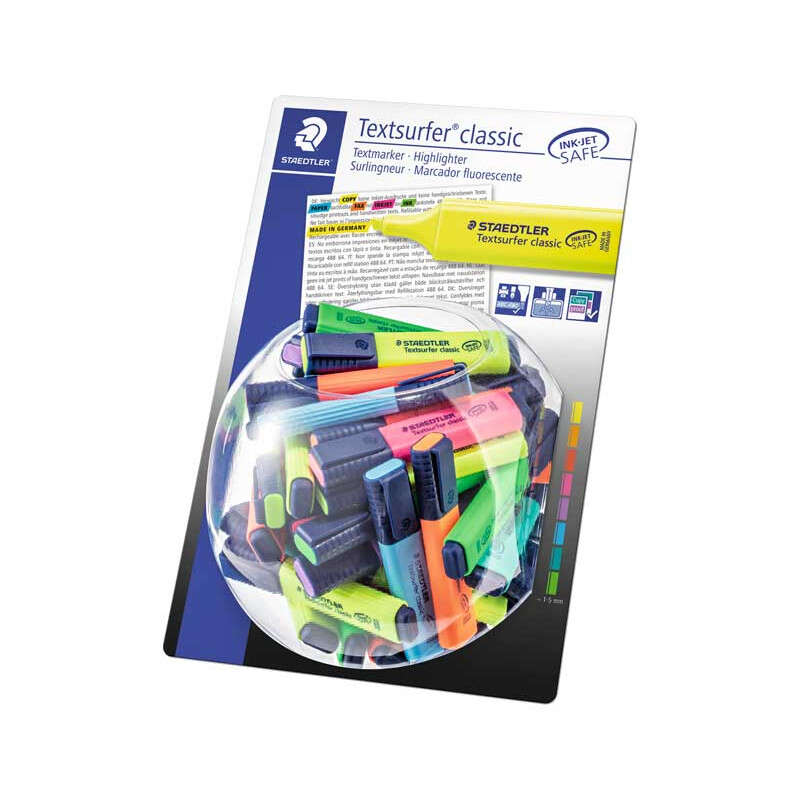 Staedtler Textsurfer Classic 364 Expositor de 100 Marcadores Fluorescentes - Punta Biselada 1 - 5 mm Aprox - Secado Rapido - Colores Surtidos