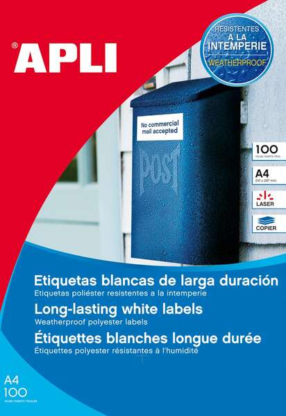 Apli Pack de 100 Etiquetas Resistentes Intemperie 210 x 297mm -  Poliester con Acabado Mate - Cantos Rectos - Color Blanco