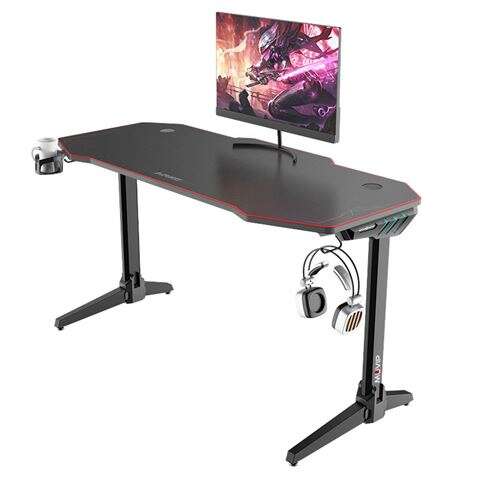 Muvip PRO800 Mesa Gaming XL Fibra de Carbono con Luz RGB - Solida - Alfombrilla 140cm - Portavasos - Gancho para Auriculares - Medidas 140x60x75cm - Color Negro