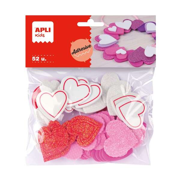 Apli Pack de 52 Corazones Adhesivos de Goma Eva con Acabado Purpurina - Medidas y Diseños Surtidos - Material Suave y Seguro - Colores Surtidos