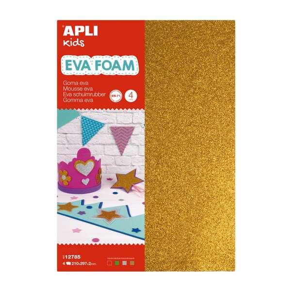 Apli Pack de 4 Planchas de Goma Eva Purpurina A4 - Grosor 2 mm - Impremeable - Moldeable al Calor - Colores Oro, Plata, Rojo y Verde