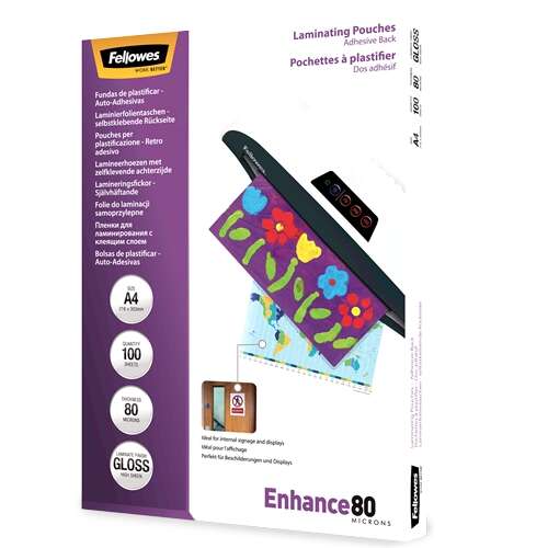 Fellowes Pack de 100 Fundas Autoadhesivas para Plastificar Brillo A4 - 80 Micras - Alta Calidad - Transparente