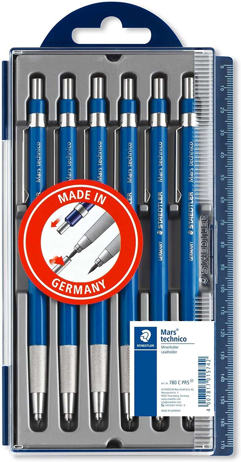 Staedtler Mars Technico 780 Pack de 6 Portaminas Tecnicos - Mina de 2mm - Zona de Agarre Hecha en Metal - Sacapuntas Integrado en el Mango