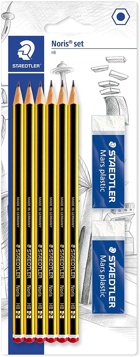 Staedtler Noris 120 Pack de 6 Lapices de Grafito Hexagonales 2HB + 2 Gomas de Borrar Mars Plastic - Madera de Bosques Sostenibles