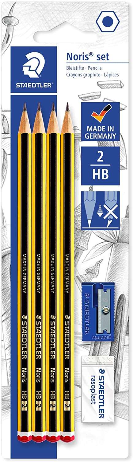 Staedtler Noris 120 Pack de 4 Lapices de Grafito Hexagonales 2HB + 1 Goma de Borrar Rasoplast + 1 Sacapuntas - Resistencia a la Rotura - Madera de Bosques Sostenibles