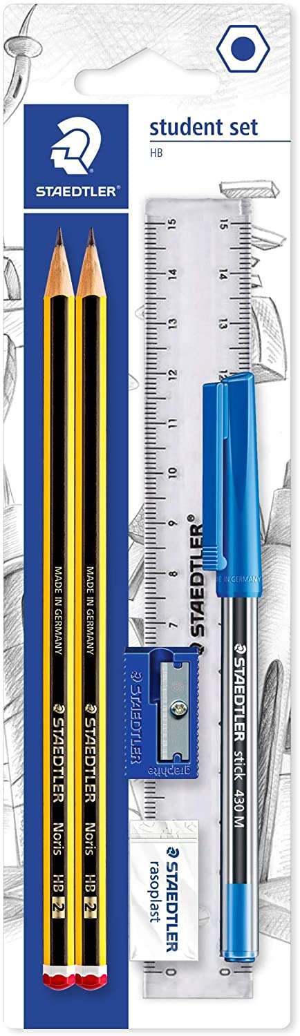 Staedtler Pack de 2 Lapices Noris de Grafito Hexagonales 2HB + 1 Boligrafo Stick 430 Azul + 1 Goma de Borrar  + 1 Sacapuntas +1 Regla