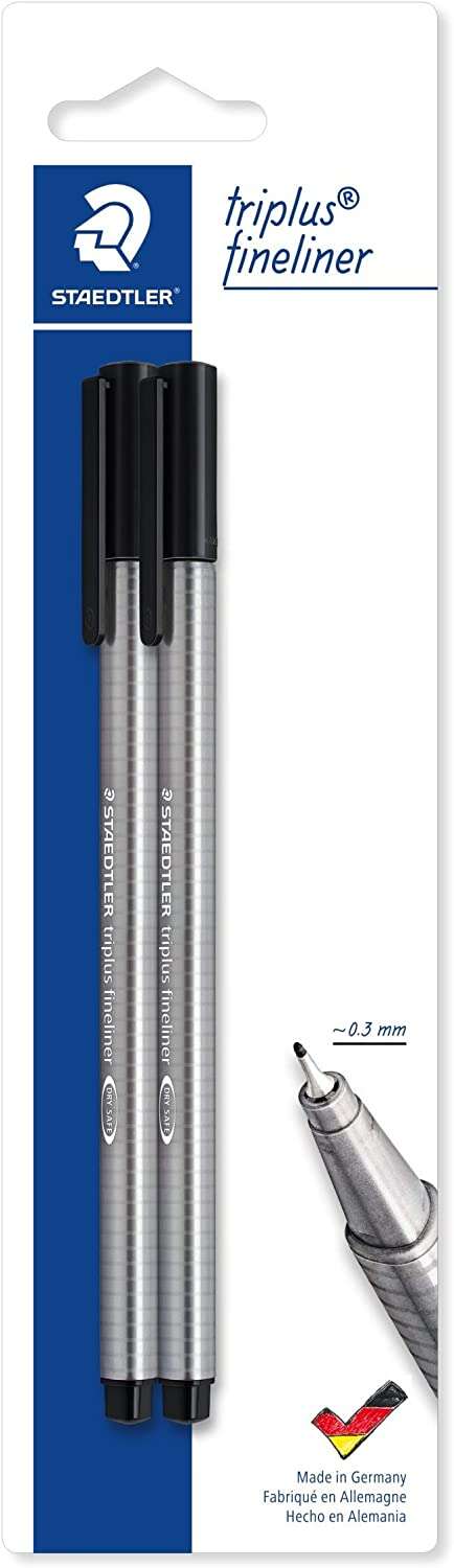 Staedtler Triplus Fineliner 334 Pack de 2 Rotuladores de Punta Fina - Trazo de 0.3mm Aprox - Diseño Ergonomico - Tinta Base de Agua - Color Negro