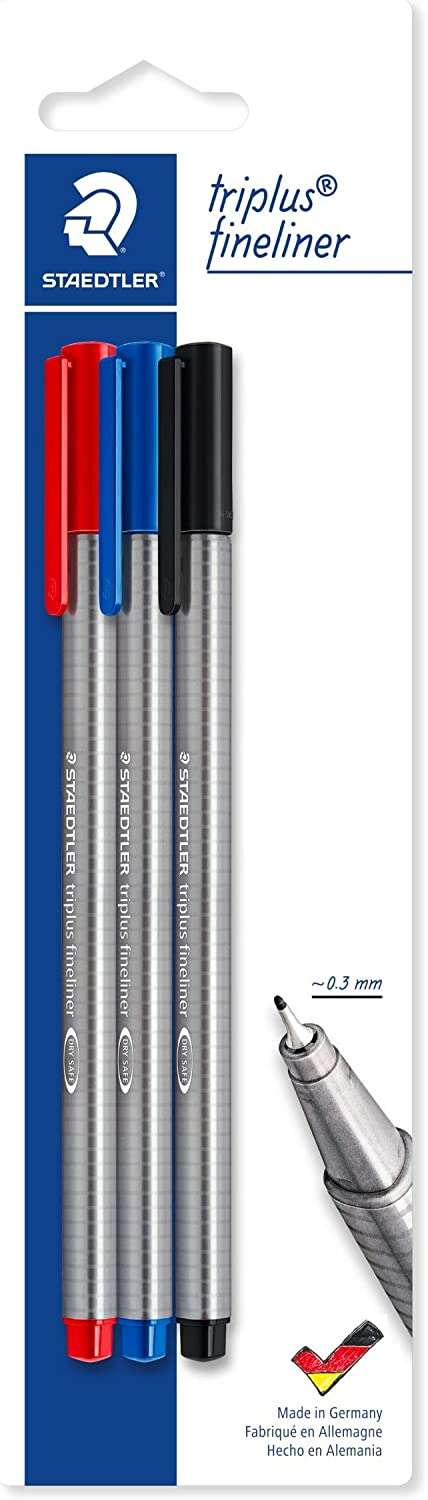 Staedtler Triplus Fineliner 334 Pack de 3 Rotuladores de Punta Fina - Trazo de 0.3mm Aprox - Diseño Ergonomico - Tinta Base de Agua - Colores Surtidos