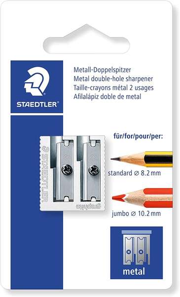 Staedtler Sacapuntas Metalico con Cuchilla de Metal - Angulo de Afilado de 23° y 30º - 2 Agujeros