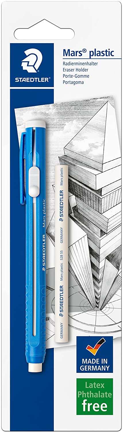 Staedtler Mars Plastic 528 50 Pack de 1 Portagomas en Forma de Lapiz + 1 Goma de Repuesto - Con Cursor para Deslizar la Goma - Sin Ftalatos ni Latex