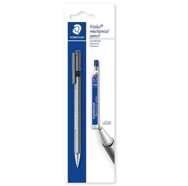 Staedtler Pack de 1 Portaminas Triplus Micro 774 de 0.7mm + 1 Tubo de 12 Minas - Diseño Triangular Ergonomico - Punta de Metal Retractil - Goma de Borrar Extralarga