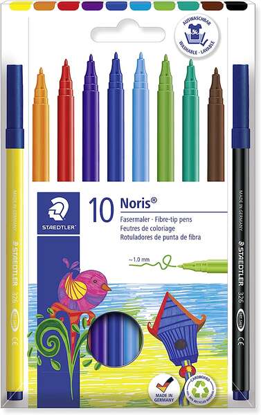 Staedtler 326 Pack de 10 Rotuladores Punta de Fibra - Trazo 1.0mm Aprox - Resistente a la Presion - Tinta a Base de Agua Antisecado - Colores Surtidos