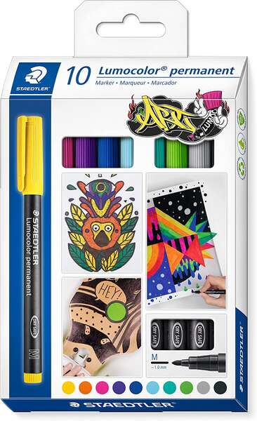 Staedtler Lumocolor 317 Pack de 10 Rotuladores Permanentes - Punta Media Redonda - Trazo 1mm Aprox - Capuchon con Clip - Secado Rapido - Colores Surtidos