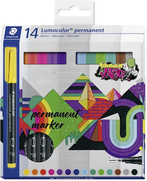 Staedtler Lumocolor 318 Pack de 14 Rotuladores Permanentes - Trazo Fino 0.6mm - Secado Rapido - Muy poco Olor - Colores Surtidos