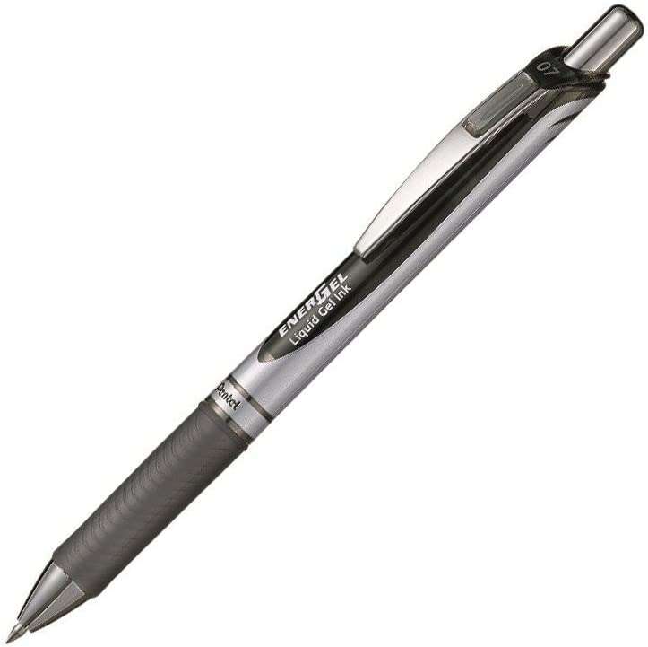 Pentel Energel Boligrafo de Bola Retractil - Punta 0.7mm - Trazo 0.35mm - Tinta Gel - Recargable - Grip de Agarre - Clip de Metal - 50% de Materiales Reciclados - Color Negro