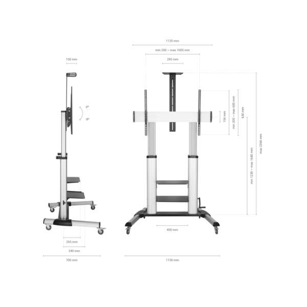 Aisens Soporte de Suelo PRO con Ruedas y Manivela - Bandeja para DVD y Soporte de Camara para Monitor/TV - Hasta 100Kg - De 60 a 100 Pulgadas - Color Negro/Plata