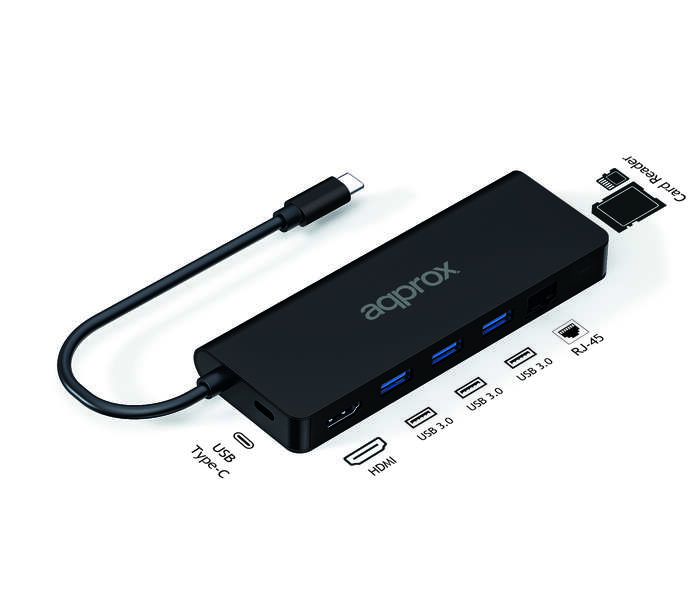 Approx 8 en 1 Hub USB-C con 3x USB-A 3.0 - 1x HDMI - 1x RJ-45 - 1x USB-C PD - Lector microSD y Lector SD - Cable de 18cm