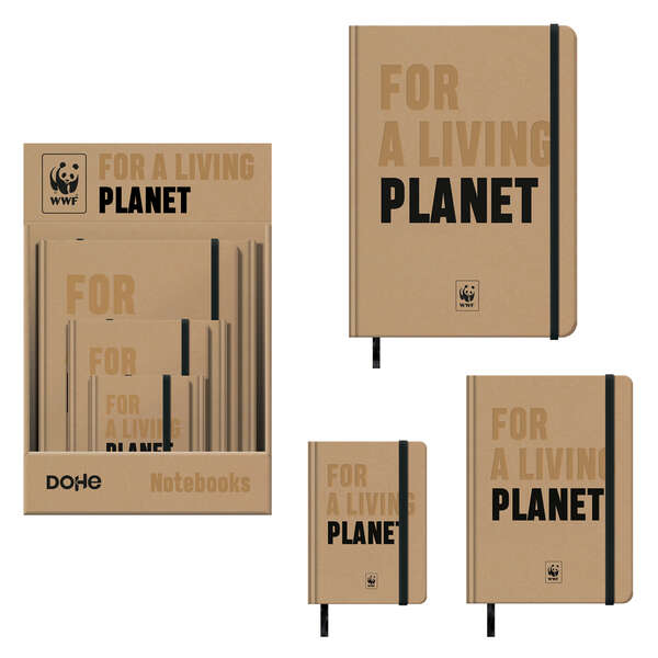 Dohe WWF Classic Expositor de 12 Cuadernos Cartone - Tamaños A4, A5 y A6 - 96 Hojas Lisas en Papel Ahuesado de 80 g/m2 - Cierre con Goma Elastica