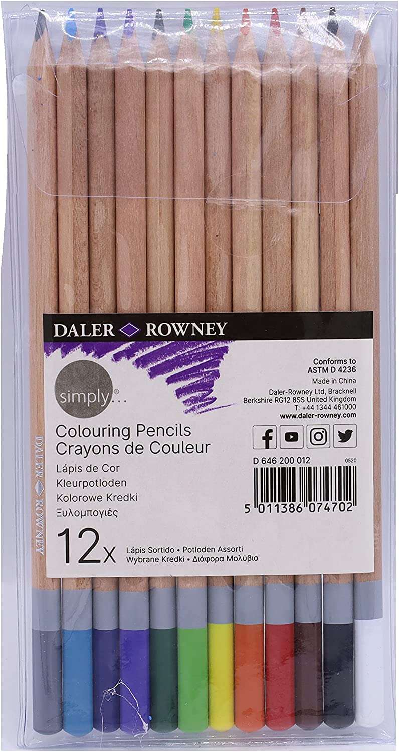 Daler Rowney Simply Pack de 12 Lapices de Colores Redondos - Facil de Afilar - Para Estudiantes y Uso Domestico - Colores Surtidos