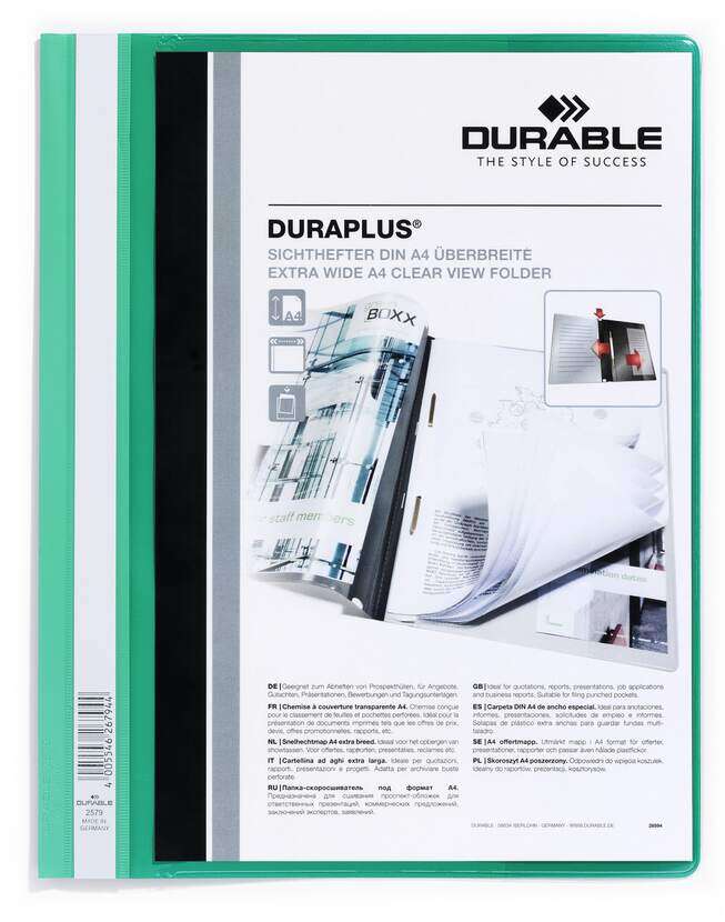 Durable Duraplus Carpeta de Fastener - Para Formato A4+ - Compartimento Interior - Tapa Posterior de Color Verde