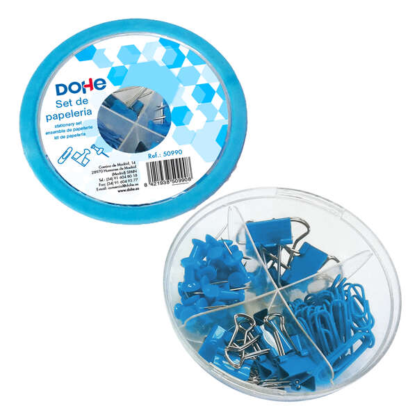 Dohe Combo Ovni Pack de Accesorios de Escritorio - 12 Pinzas de 15mm, 5 Pinzas de 19mm, 50 Clips de 28mm y 30 Push Pins de 22mm - Color Azul