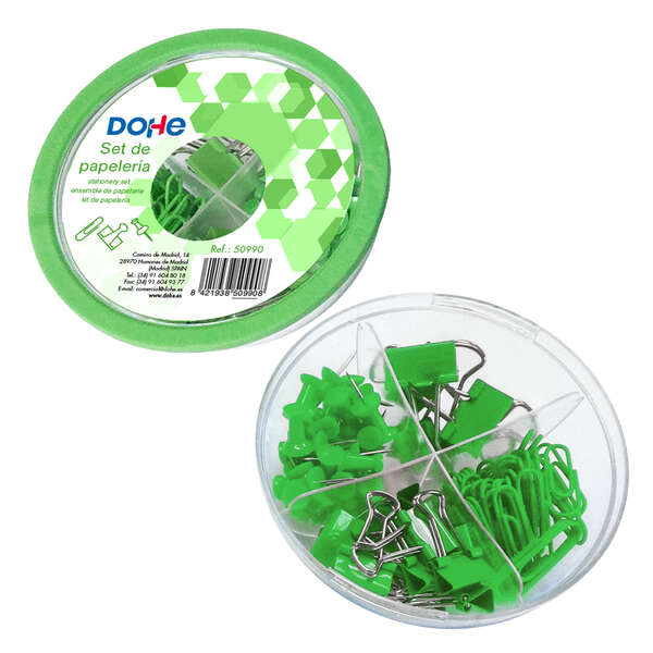 Dohe Combo Ovni Pack de Accesorios de Escritorio - 12 Pinzas de 15mm, 5 Pinzas de 19mm, 50 Clips de 28mm y 30 Push Pins de 22mm - Color Verde