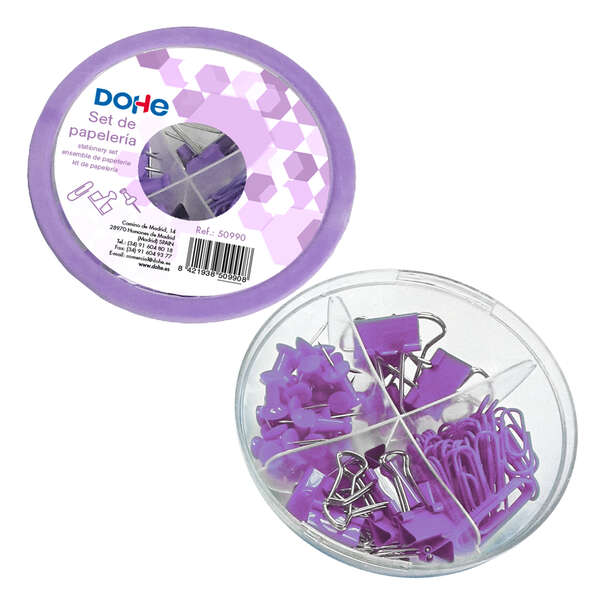 Dohe Combo Ovni Pack de Accesorios de Escritorio - 12 Pinzas de 15mm, 5 Pinzas de 19mm, 50 Clips de 28mm y 30 Push Pins de 22mm - Color Morado