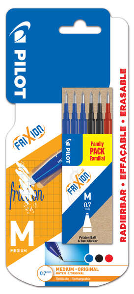 Pilot Pack de 6 Recambios para Frixion Ball y Frixion Clicker - Punta de Bola Redonda 0.7mm - Trazo 0.4mm - Colores: 3x Azul, 2x