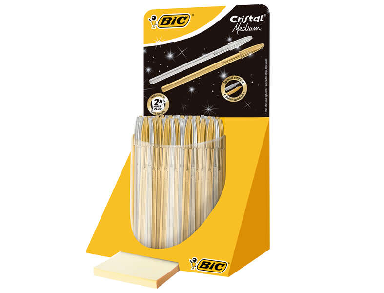 Bic Cristal Linea Celebration Expositor de 40 Boligrafos de Bola con Cuerpo Dorado y Plateado - Punta Media de 1.0mm - Tinta con Base de Aceite - Color Azul