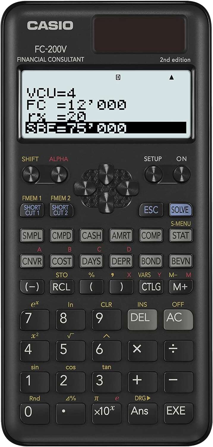 Casio FC200V Calculadora Financiera - Pantalla de 4 Lineas - Visualizacion de Varios Parametros al mismo Tiempo - Teclas de Acceso Directo Personalizables - Alimentacion con Pilas y Solar