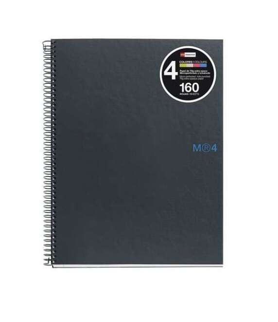 Miquel Rius Notebook4 Cuaderno de Espiral Formato A4 - 160 Hojas de 90gr Microperforadas con 4 Taladros - Cubiertas de Carton Extraduro - Cuadricula 5x5 - Color Gris Oscuro