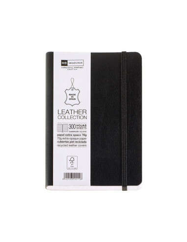 Miquel Rius Leather 1839 Cuaderno Flexible 8º 300 Hojas con Indice - Cubiertas de Piel Reciclada - Cuadricula 5x5mm - Cierre con Goma Elastica - Color Negro