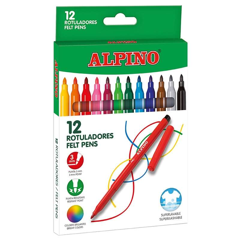 Alpino Pack de 12 Rotuladores Escolares - Punta Fina de 3mm - Superlavables y Brillantes - Ideal para Creatividad y Manualidades - Colores Surtidos