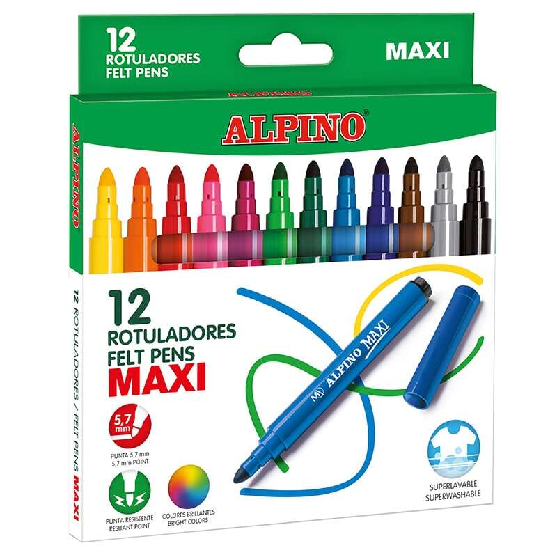 Alpino Pack de 12 Rotuladores Gruesos Maxi - Punta de 6mm - Superlavables, Resistentes, Duraderos y de Colores Brillantes - Ideal para Uso Escolar - Colores Surtidos