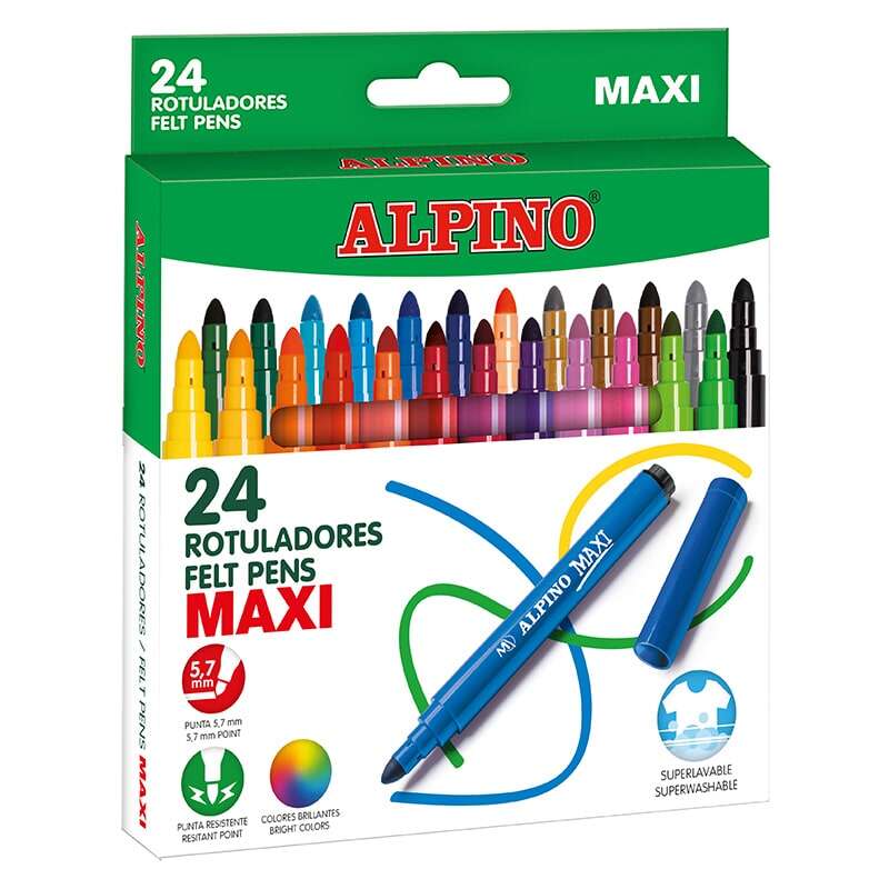 Alpino Pack de 24 Maxi Rotuladores Gruesos - Punta de 6mm - Superlavables, Resistentes y Duraderos - Colores Brillantes - Colores Surtidos