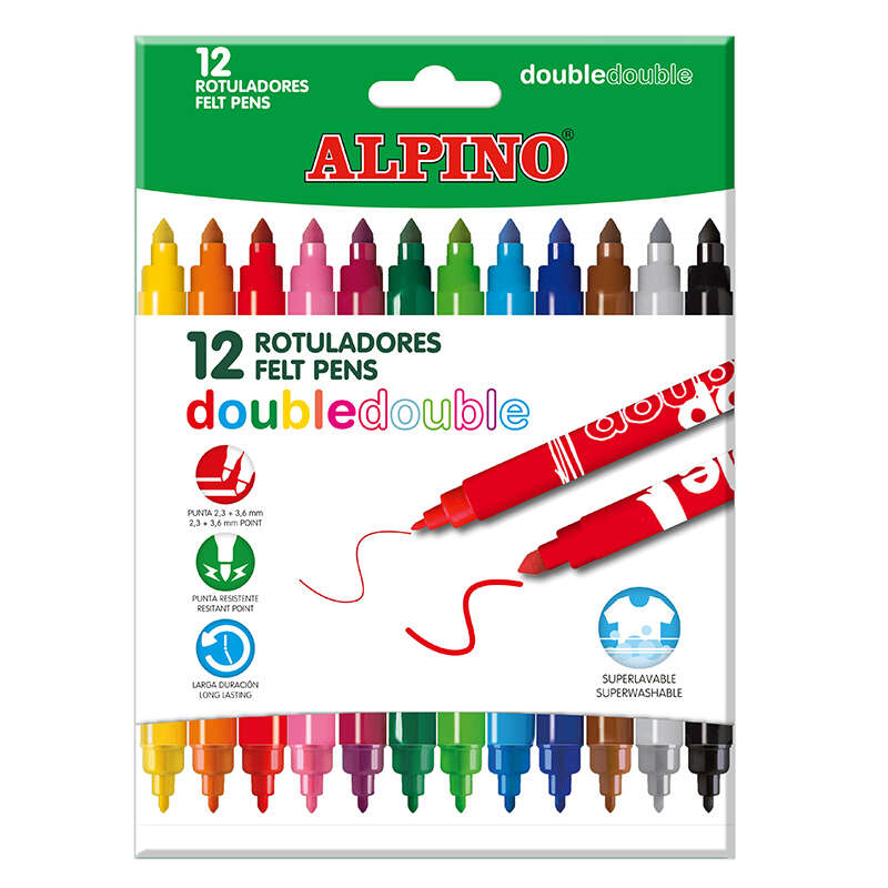 Alpino Pack de 12 Rotuladores Double Double 10+2 - Rotuladores de Doble Punta - Colores Superbrillantes - Tinta Superlavable - Ideal para Trabajos Escolares y Dibujos - Colores Surtidos