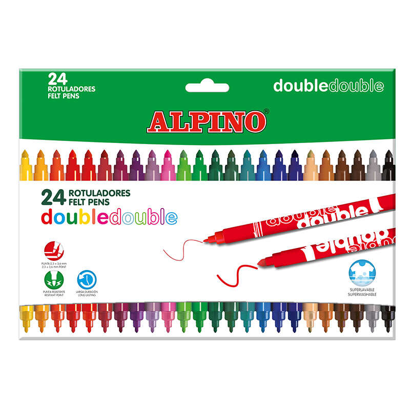 Alpino Pack de 24 Rotuladores de Doble Punta - Caja 20+4 - Pinta Grueso o Fino con un Mismo Rotulador - Superbrillantes y Superlavables - Colores Surtidos